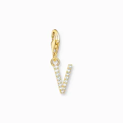 Charm-hängsmycke bokstaven V med vita stenar guldpläterad>Thomas Sabo New